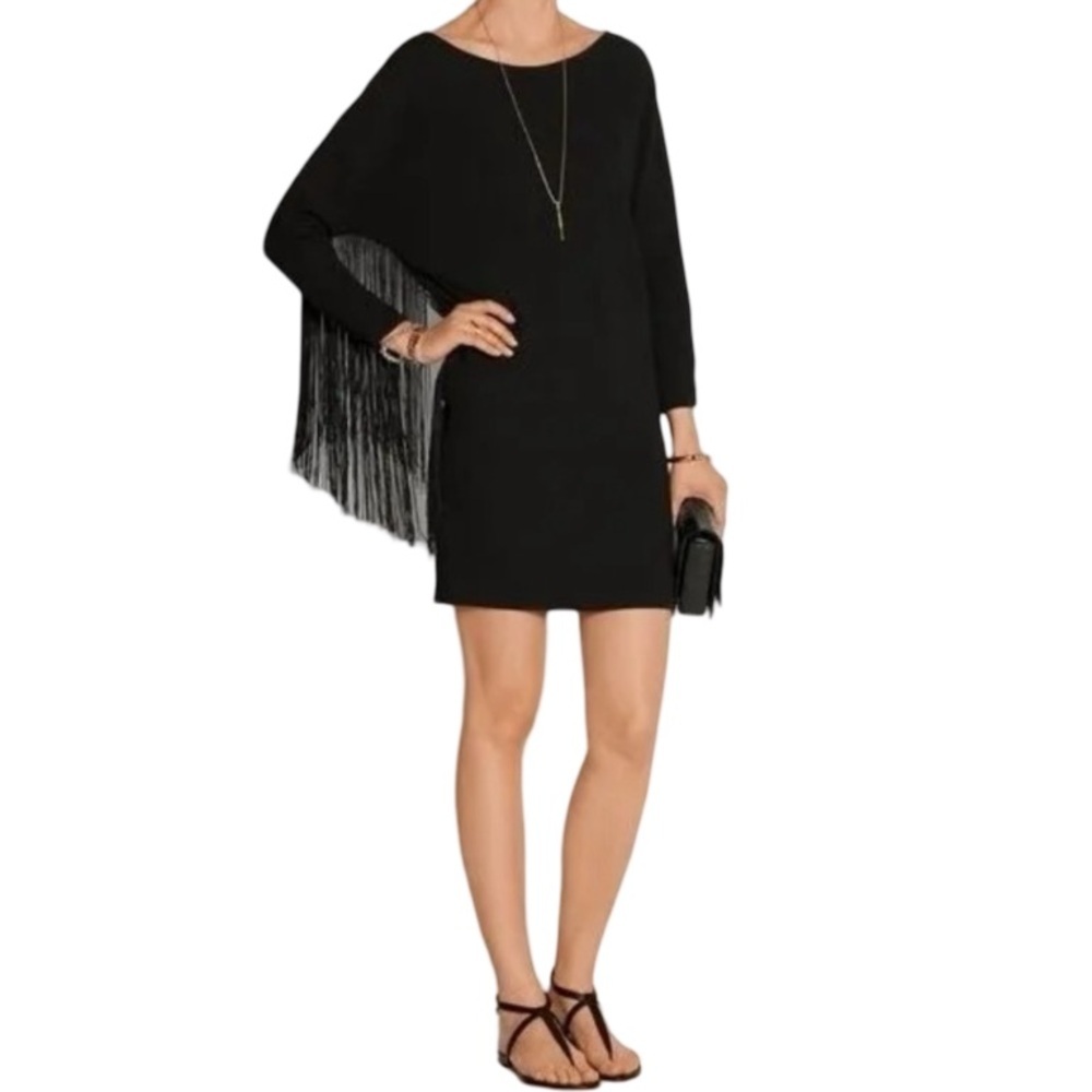 Maje Black Fringe Dress Dolman Sleeve Crepe Size S